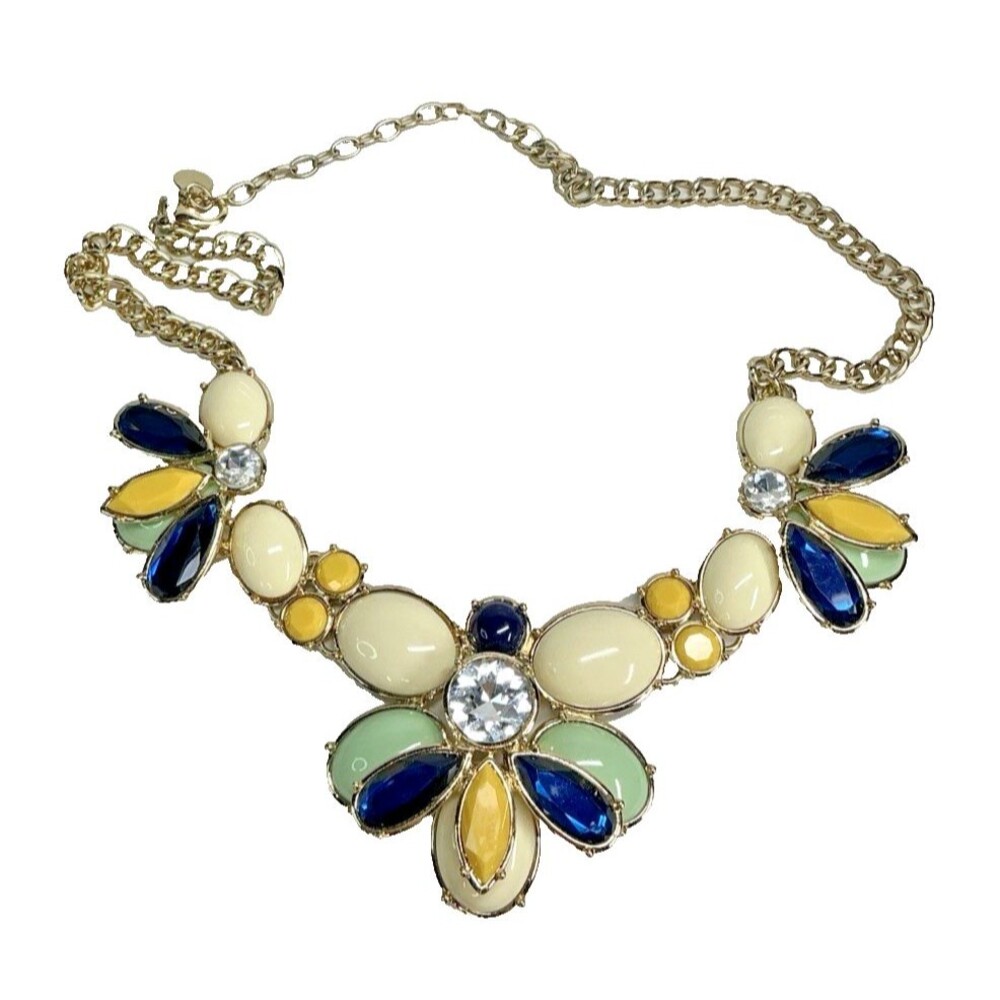 Goldtone Bee Blue Yellow Cream Green Acrylic Insets Talbots Statement Necklace